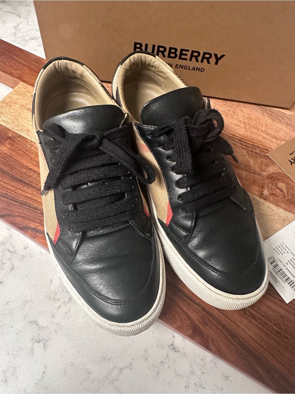 Burberry Black Leather Sneakers with Beige Panels & Red Stripe - Picture 7 of 8
